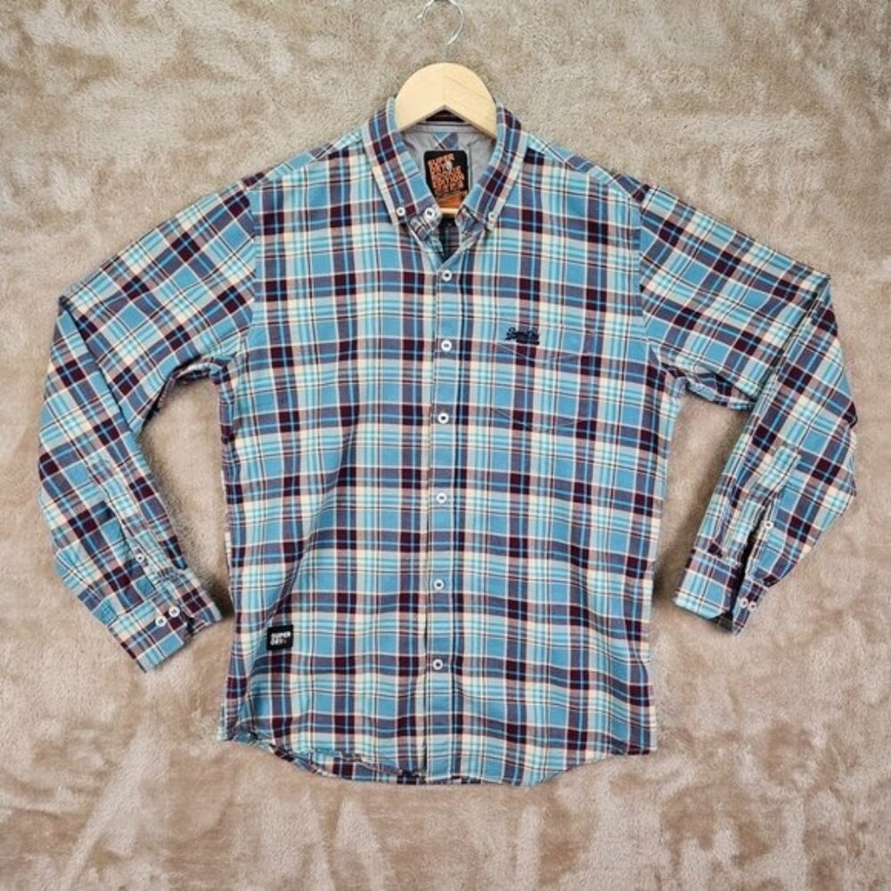 Superdry Blue Japan Rookie Edition Plaid Shirt Men's Size L Long Sleeve